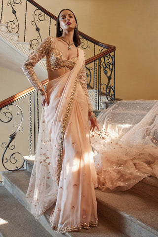 Saree Set Festive Wear - Peach Organza Saree Set by Tamanna Punjabi Kapoor