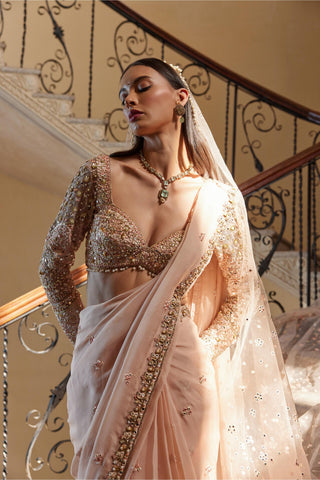 Saree Set Festive Wear - Peach Organza Saree Set by Tamanna Punjabi Kapoor