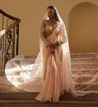 Saree Set Festive Wear - Peach Organza Saree Set by Tamanna Punjabi Kapoor