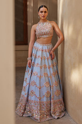 Lehenga Set Pastel Wear - Blue Mirror Lehenga Set by Tamanna Punjabi Kapoor