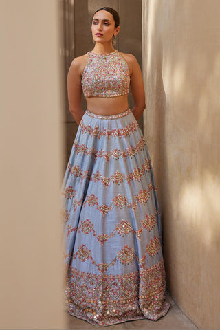 Lehenga Set Pastel Wear - Blue Mirror Lehenga Set by Tamanna Punjabi Kapoor