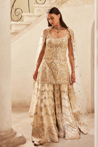 Gharara Set Mirror Wear - Ivory Chevron Gharara Set by Tamanna Punjabi Kapoor