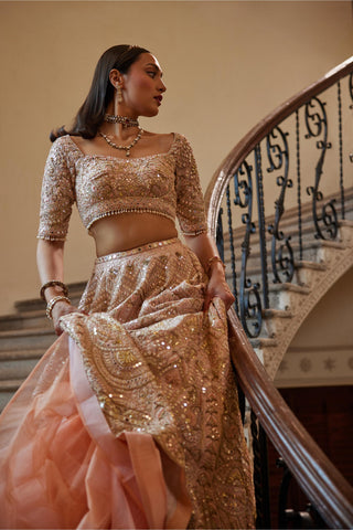 Lehenga Set Mirror Wear - Peach Mirror Lehenga Set by Tamanna Punjabi Kapoor