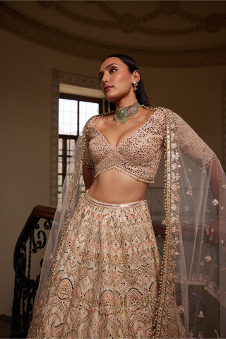 Lehenga Set Couture Wear - Peach Self Embroidered Lehenga Set by Tamanna Punjabi Kapoor