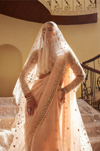 Saree Set Festive Wear - Peach Organza Saree Set by Tamanna Punjabi Kapoor