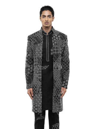Black Embroidery Open Sherwani Set