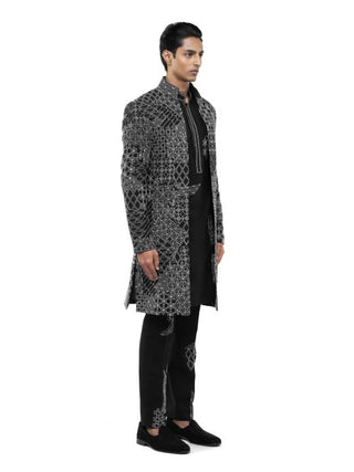 Black Embroidery Open Sherwani Set