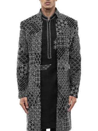 Black Embroidery Open Sherwani Set