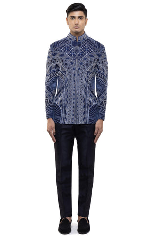 Blue art deco bandhgala set