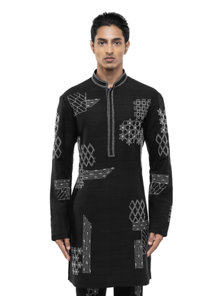 Black & white linen thread embroidered kurta set