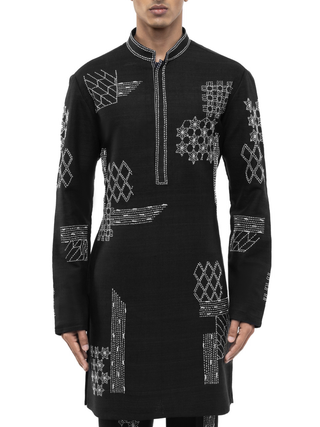 Black & white linen thread embroidered kurta set