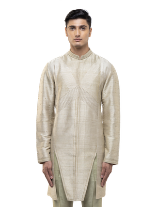 Beige & sage green linen asymmetric kurta set