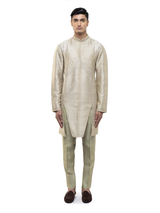 Beige & sage green linen asymmetric kurta set