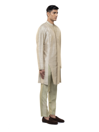 Beige & sage green linen asymmetric kurta set