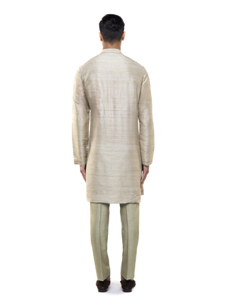 Beige & sage green linen asymmetric kurta set