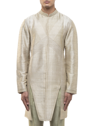 Beige & sage green linen asymmetric kurta set