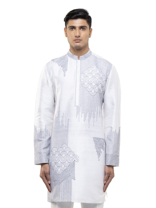 White & blue thread embroidered kurta set