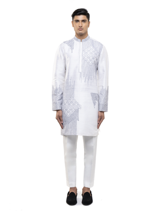White & blue thread embroidered kurta set