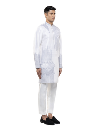 White & blue thread embroidered kurta set