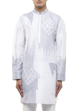 White & blue thread embroidered kurta set