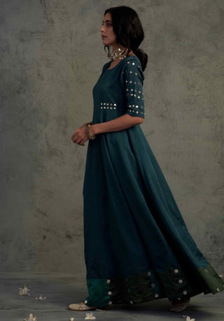 Teal blue chanderi anarkali and dupatta