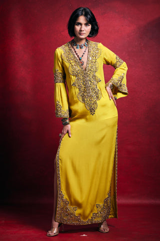 Kaftan Contemporary Wear â€“ Yellow Festive Resort Style by Tamanna Punjabi Kapoor