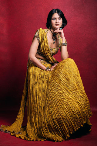 Crushed Lehenga Set Indian Wedding – Yellow Haldi Festive Look by Tamanna Punjabi Kapoor