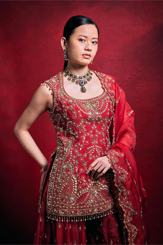 Sharara Set Indian Wedding – Red Raw Silk Festive Look by Tamanna Punjabi Kapoor