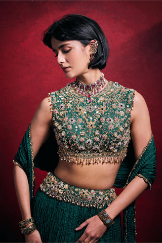 Crushed Lehenga Set Indian Wedding – Green Festive Wedding Look by Tamanna Punjabi Kapoor