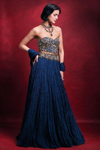 Crushed Lehenga Set Indian Wedding – Blue Festive Evening Look by Tamanna Punjabi Kapoor