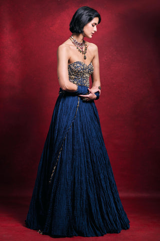 Crushed Lehenga Set Indian Wedding – Blue Festive Evening Look by Tamanna Punjabi Kapoor