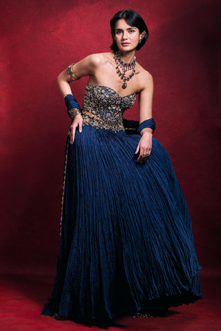Crushed Lehenga Set Indian Wedding – Blue Festive Evening Look by Tamanna Punjabi Kapoor