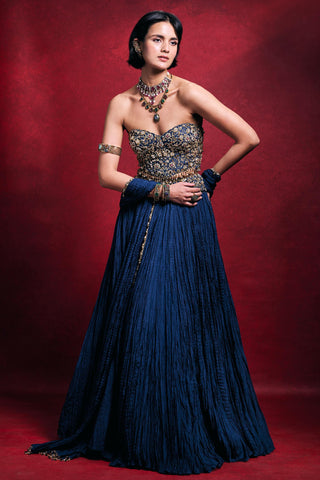 Crushed Lehenga Set Indian Wedding – Blue Festive Evening Look by Tamanna Punjabi Kapoor