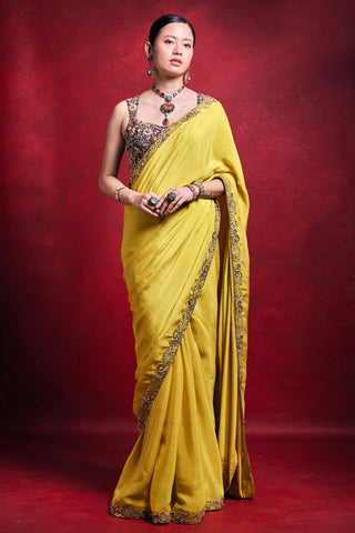 Saree Set Indian Wedding – Yellow Festive Crepe Look by Tamanna Punjabi Kapoor