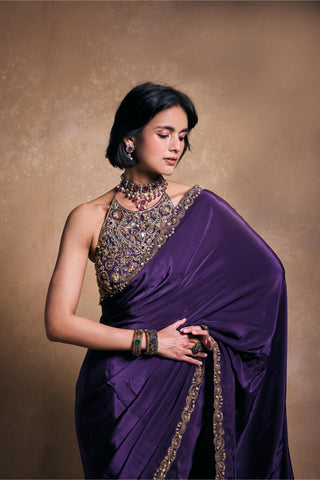Saree Set Indian Wedding – Purple Crepe Drape by Tamanna Punjabi Kapoor