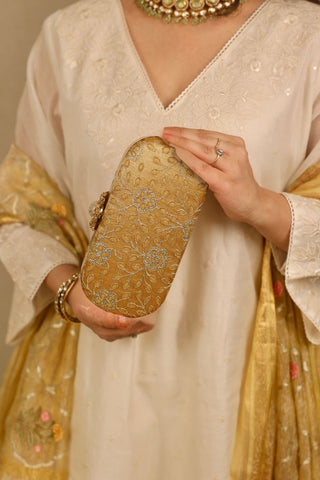 Yellow tarang cutwork capsule clutch
