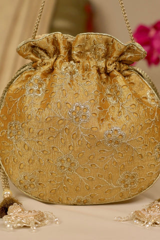 Yellow tarang cutwork potli