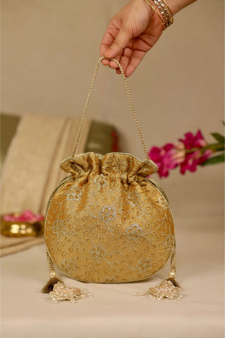 Yellow tarang cutwork potli