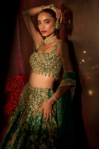 Lehenga Set For Indian Wedding - Green Brocade Lehenga by Prevasu