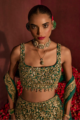 Lehenga Set For Indian Wedding - Green Brocade Lehenga by Prevasu