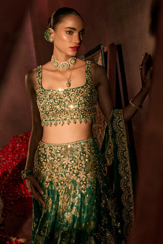 Lehenga Set For Indian Wedding - Green Brocade Lehenga by Prevasu