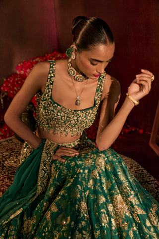 Lehenga Set For Indian Wedding - Green Brocade Lehenga by Prevasu