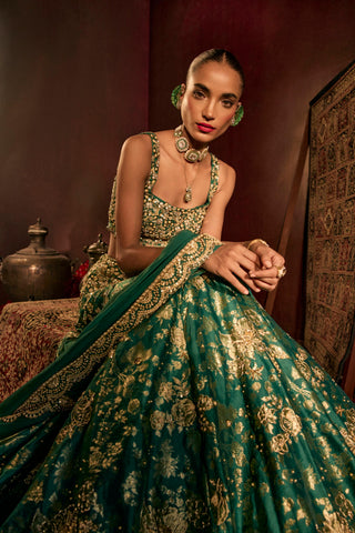 Lehenga Set For Indian Wedding - Green Brocade Lehenga by Prevasu
