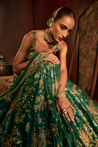 Lehenga Set For Indian Wedding - Green Brocade Lehenga by Prevasu