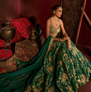 Lehenga Set For Indian Wedding - Green Brocade Lehenga by Prevasu