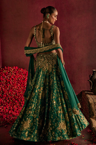 Lehenga Set For Indian Wedding - Green Brocade Lehenga by Prevasu