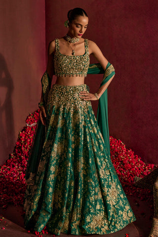 Lehenga Set For Indian Wedding - Green Brocade Lehenga by Prevasu