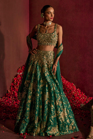 Lehenga Set For Indian Wedding - Green Brocade Lehenga by Prevasu