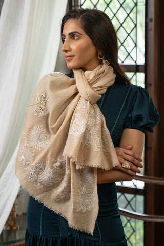 Stole Indian Wedding Wear - Beige Gilded Dragonfly Fine Wool Silk by Mauli