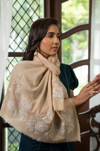 Stole Indian Wedding Wear - Beige Gilded Dragonfly Fine Wool Silk by Mauli